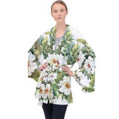 White Flowers Long Sleeve Velvet Kimono  by goljakoff