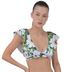 White Flowers Plunge Frill Sleeve Bikini Top by goljakoff