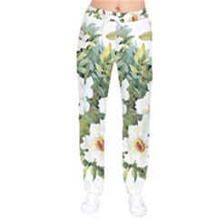 White Flowers Women Velvet Drawstring Pants by goljakoff