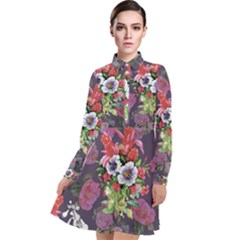 Purple Flowers Long Sleeve Chiffon Shirt Dress by goljakoff