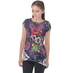 Purple Flowers Cap Sleeve High Low Top by goljakoff