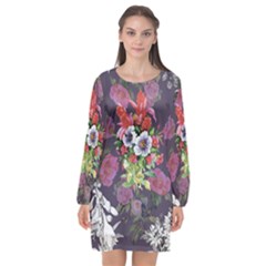 Purple Flowers Long Sleeve Chiffon Shift Dress  by goljakoff