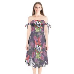 Purple Flowers Shoulder Tie Bardot Midi Dress by goljakoff