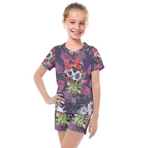 Purple Flowers Kids  Mesh Tee And Shorts Set by goljakoff