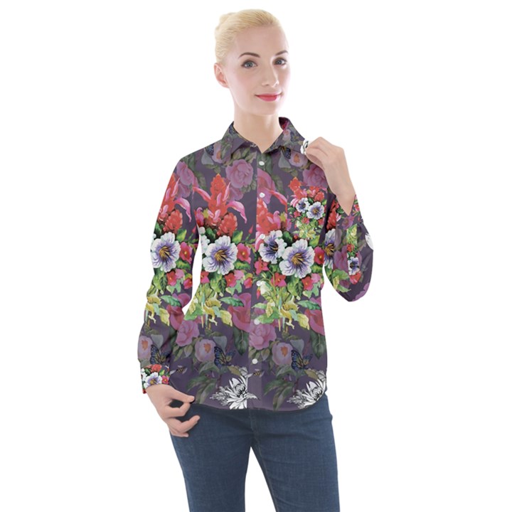 Purple flowers Women s Long Sleeve Pocket Shirt