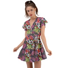 Purple Flowers Flutter Sleeve Wrap Dress by goljakoff