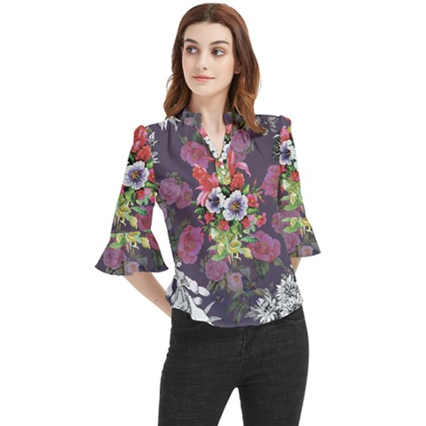 Purple Flowers Loose Horn Sleeve Chiffon Blouse by goljakoff