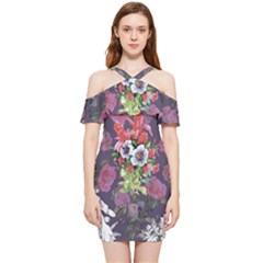 Purple Flowers Shoulder Frill Bodycon Summer Dress by goljakoff