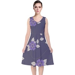 Purple Flowers V-neck Midi Sleeveless Dress  by goljakoff