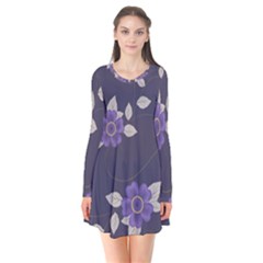 Purple Flowers Long Sleeve V-neck Flare Dress by goljakoff