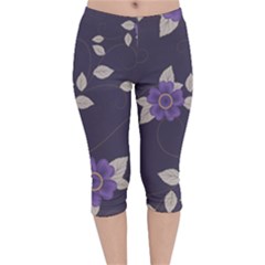 Purple Flowers Velvet Capri Leggings  by goljakoff