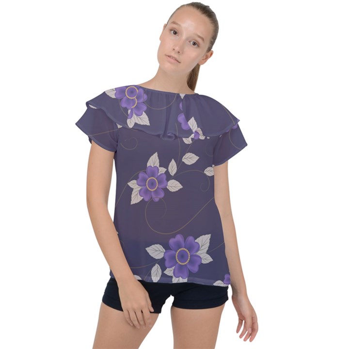 Purple flowers Ruffle Collar Chiffon Blouse