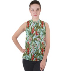 Tropical Flowers Mock Neck Chiffon Sleeveless Top by goljakoff