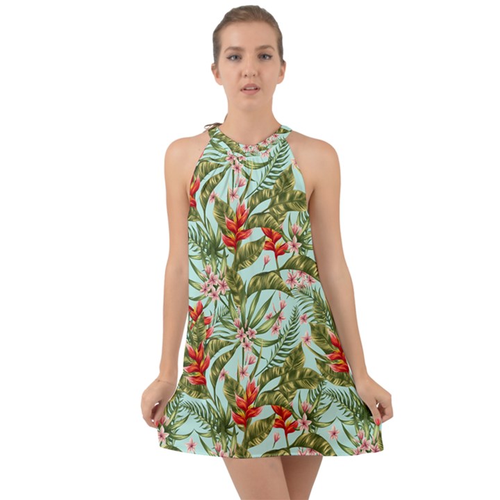 Tropical flowers Halter Tie Back Chiffon Dress