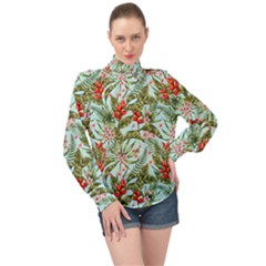 Tropical Flowers High Neck Long Sleeve Chiffon Top by goljakoff