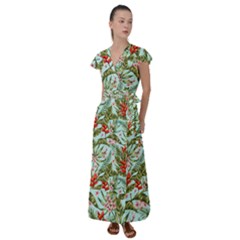 Tropical Flowers Flutter Sleeve Maxi Dress by goljakoff