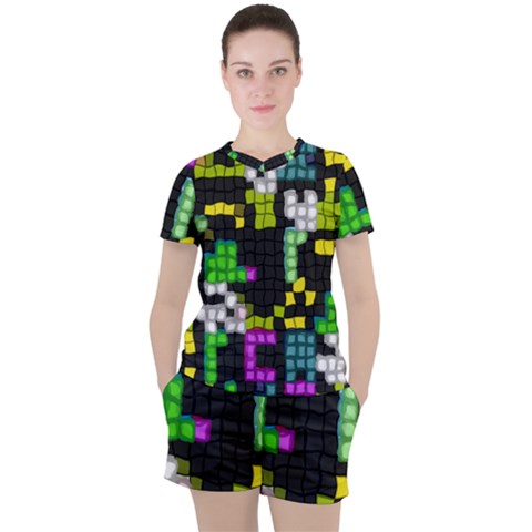 Drawn Squares                                                     Women s Mesh Tee And Shorts Set by LalyLauraFLM