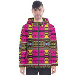 Pink Yellow Green Shapes                                                       Men s Hooded Puffer Jacket