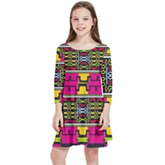 Pink Yellow Green Shapes                                                         Kids  Quarter Sleeve Skater Dress by LalyLauraFLM