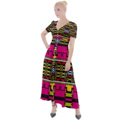 Pink Yellow Green Shapes                                                          Button Up Short Sleeve Maxi Dress