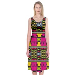 Pink Yellow Green Shapes                                                      Midi Sleeveless Dress by LalyLauraFLM