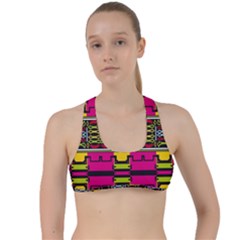 Pink Yellow Green Shapes                                                      Criss Cross Racerback Sports Bra by LalyLauraFLM