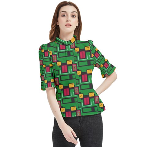 Rectangles On A Green Background                                                       Frill Neck Blouse by LalyLauraFLM