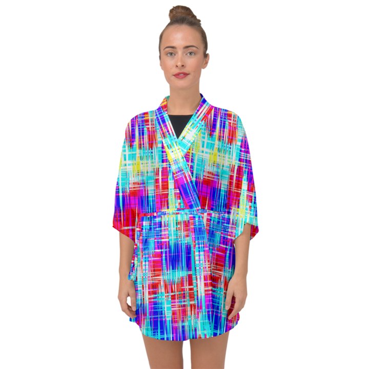 Red blue messy stripes                                                      Half Sleeve Chiffon Kimono