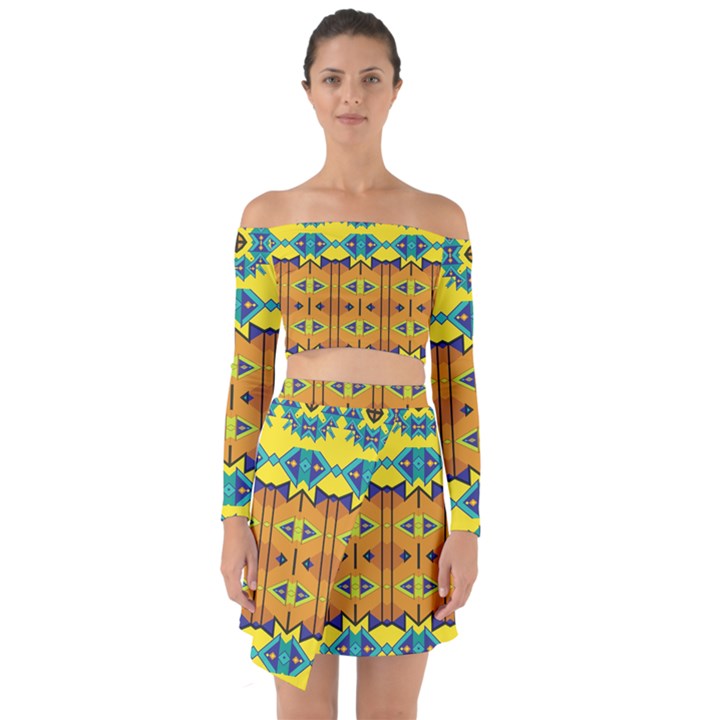 Tribal pattern                                                             Off Shoulder Top with Skirt Set