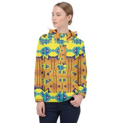 Tribal Pattern                                                          Women Hooded Front Pocket Windbreaker