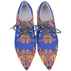 Yellow Red Shapes On A Blue Background                                                       Women s Pointed Oxford Shoes by LalyLauraFLM