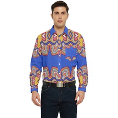 Yellow Red Shapes On A Blue Background                                                        Men s Long Sleeve Pocket Shirt by LalyLauraFLM