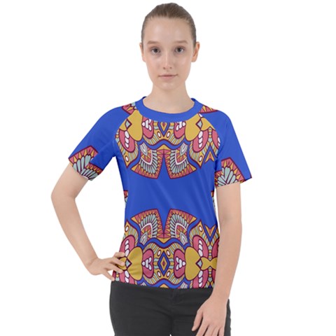 Yellow Red Shapes On A Blue Background                                                        Women s Sport Raglan Tee by LalyLauraFLM