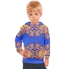 Yellow Red Shapes On A Blue Background                                                       Kids  Hooded Pullover by LalyLauraFLM