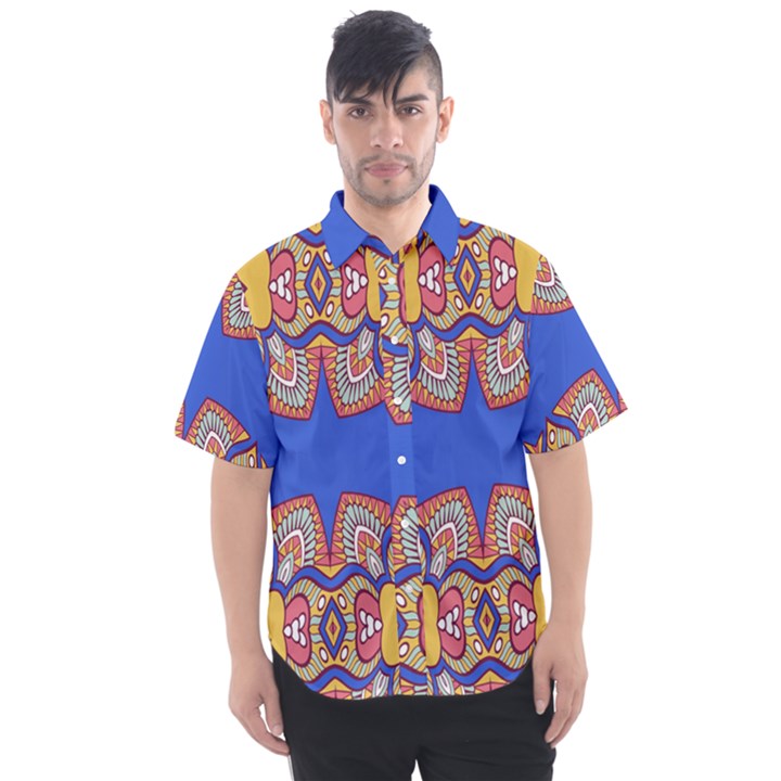 Yellow red shapes on a blue background                                                        Men s Short Sleeve Shirt