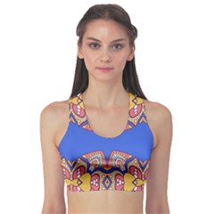 Yellow Red Shapes On A Blue Background                                                         Women s Sports Bra by LalyLauraFLM