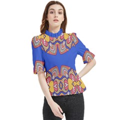 Yellow Red Shapes On A Blue Background                                                         Frill Neck Blouse