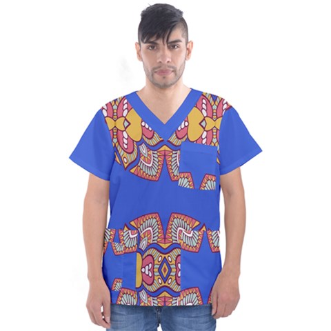 Yellow Red Shapes On A Blue Background                                                           Men s V-neck Scrub Top by LalyLauraFLM