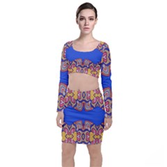 Yellow Red Shapes On A Blue Background                                                             Long Sleeve Crop Top & Bodycon Skirt Set by LalyLauraFLM