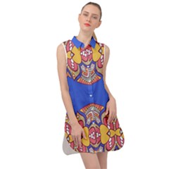 Yellow Red Shapes On A Blue Background                                                             Sleeveless Shirt Dress by LalyLauraFLM