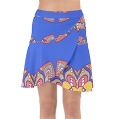 Yellow Red Shapes On A Blue Background                                                             Wrap Front Skirt