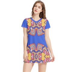 Yellow Red Shapes On A Blue Background                                                        Short Sleeve V-neck Dress