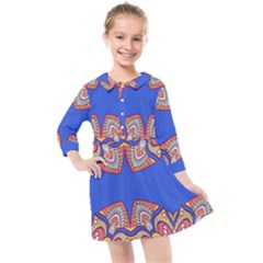 Yellow Red Shapes On A Blue Background                                                        Kids  Quarter Sleeve Shirt Dress by LalyLauraFLM