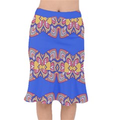 Yellow Red Shapes On A Blue Background                                                              Short Mermaid Skirt by LalyLauraFLM