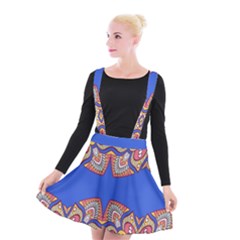 Yellow Red Shapes On A Blue Background                                                       Suspender Skater Skirt by LalyLauraFLM