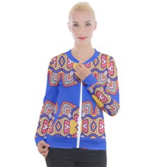 Yellow Red Shapes On A Blue Background                                                        Casual Zip Up Jacket by LalyLauraFLM