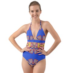 Yellow Red Shapes On A Blue Background                                                              Halter Cut-out One Piece Swimsuit by LalyLauraFLM