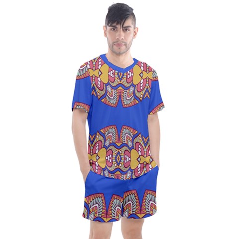 Yellow Red Shapes On A Blue Background                                                        Men s Mesh Tee And Shorts Set by LalyLauraFLM