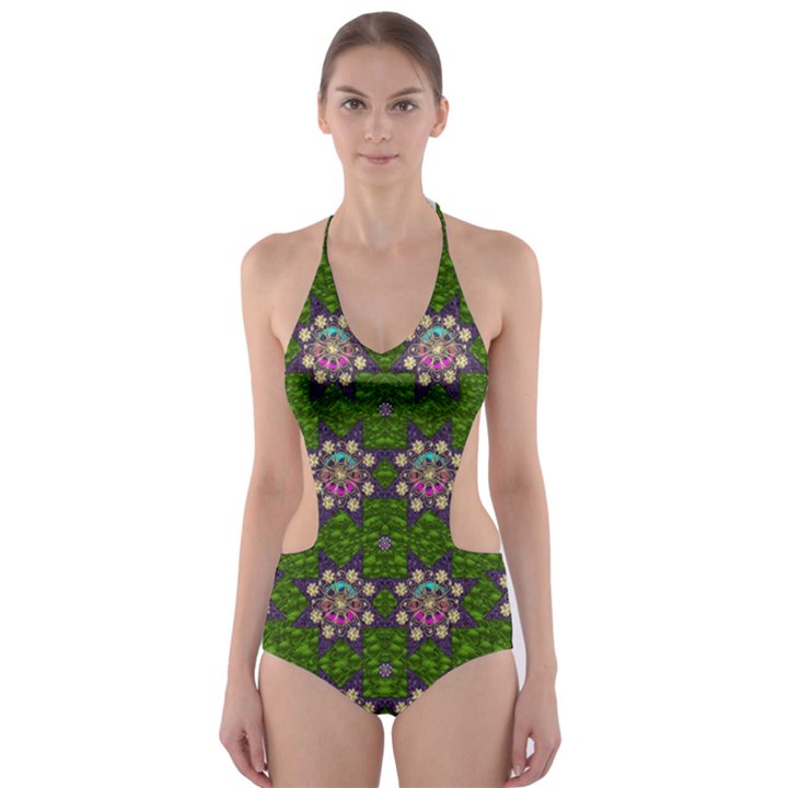 Star Over The Healthy Sacred Nature Ornate And Green Cut-Out One Piece Swimsuit