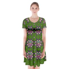 Star Over The Healthy Sacred Nature Ornate And Green Short Sleeve V-neck Flare Dress by pepitasart